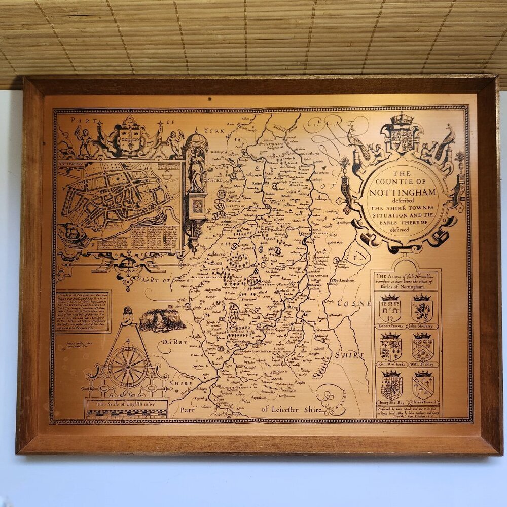 Vintage Coppercraft John Speed Map • Nottinghamshire • Wood Mounted Wall Art